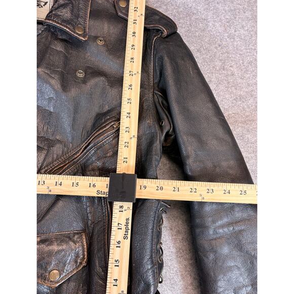 VINTAGE Unik Biker Leather Jacket Men Size 46 Brown USA Flag Embossed Motorcycle - Picture 3 of 10